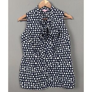 Lilly Pulitzer Lemon Print Tie Neck Top Navy Preppy Resort Florida Coastal Sz-6